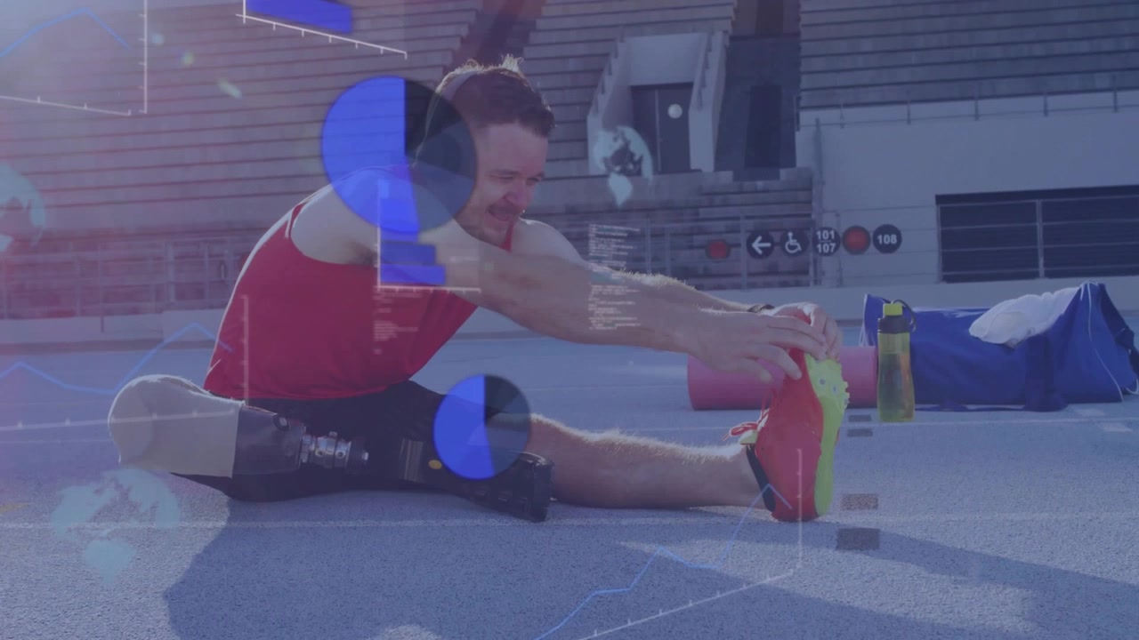 Sincronización de sensores comenzando, atleta estirándose para alcanzar el zapato, hoja izquierda, superposiciones creciendo, mostrando datos.