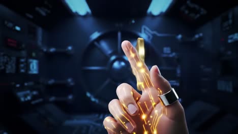 exploring the fusion of technology and security: a hand with digital patterns interacts with a high-tech lock mechanism in a futuristic setting