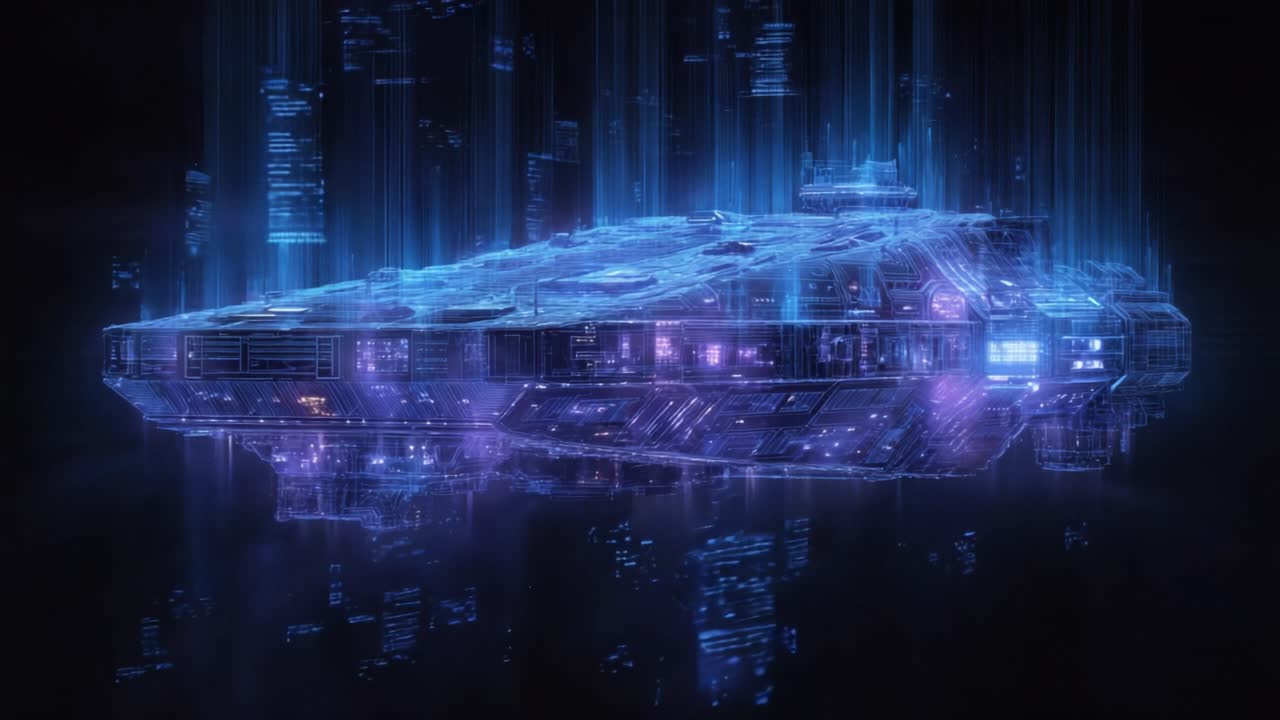 Futuristic spaceship made of glowing blue and purple light beams and digital code analyzing a stream of data in a high tech interface, representing concepts of virtual reality and cybersecurity