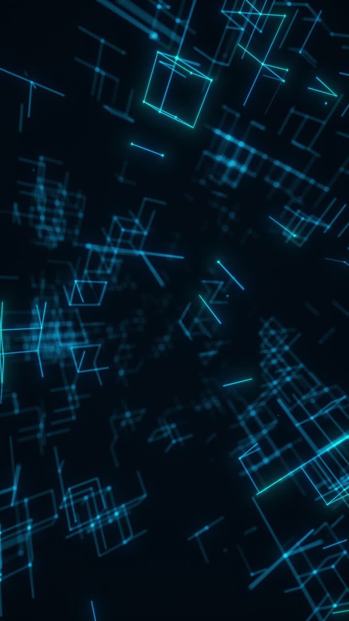 Griglia verticale digitale blu di cubi fluttuanti in prospettiva futuristica. Rendering 3D in loop