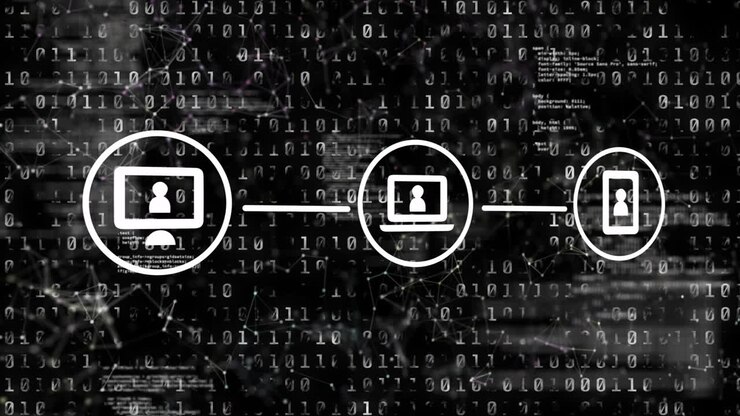 Animation of network of connections with icons over data processing on black background