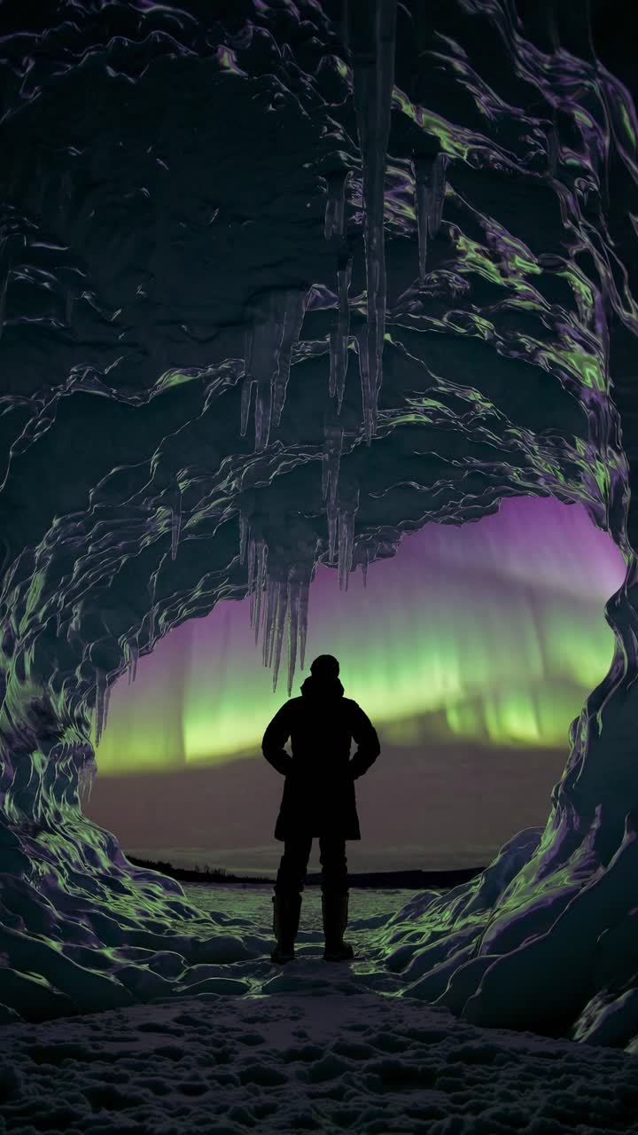 Silhouette in icy cave with aurora borealis. Low-angle shot creates a cinematic video feel. Live