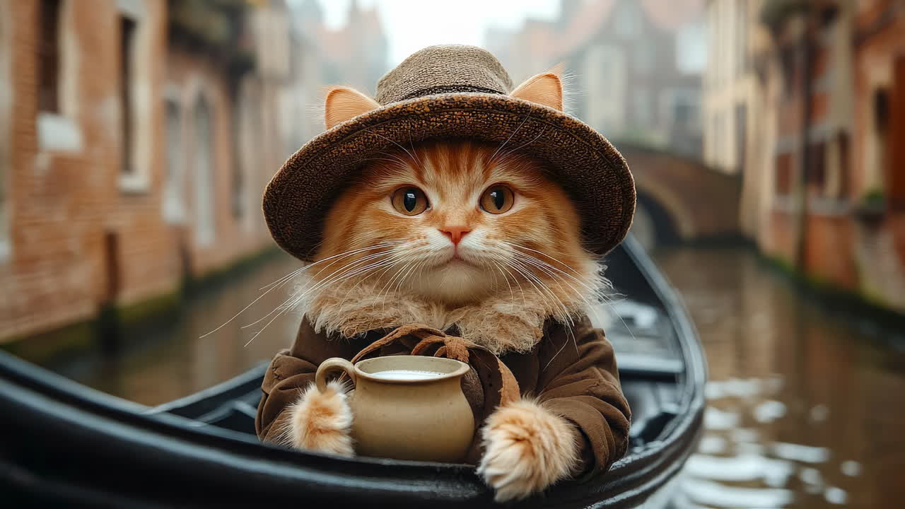 Seekor kucing menikmati kopi di gondola di Venesia. Seekor kucing memakai topi dan mantel duduk di gondola dengan mug kopi, dikelilingi oleh air dan bangunan bersejarah Venesia