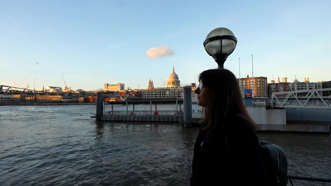 Donna con gli occhiali guarda la Cattedrale di St Paul dall'altra parte del Tamigi al tramonto, con uccelli nel cielo. Londra.
