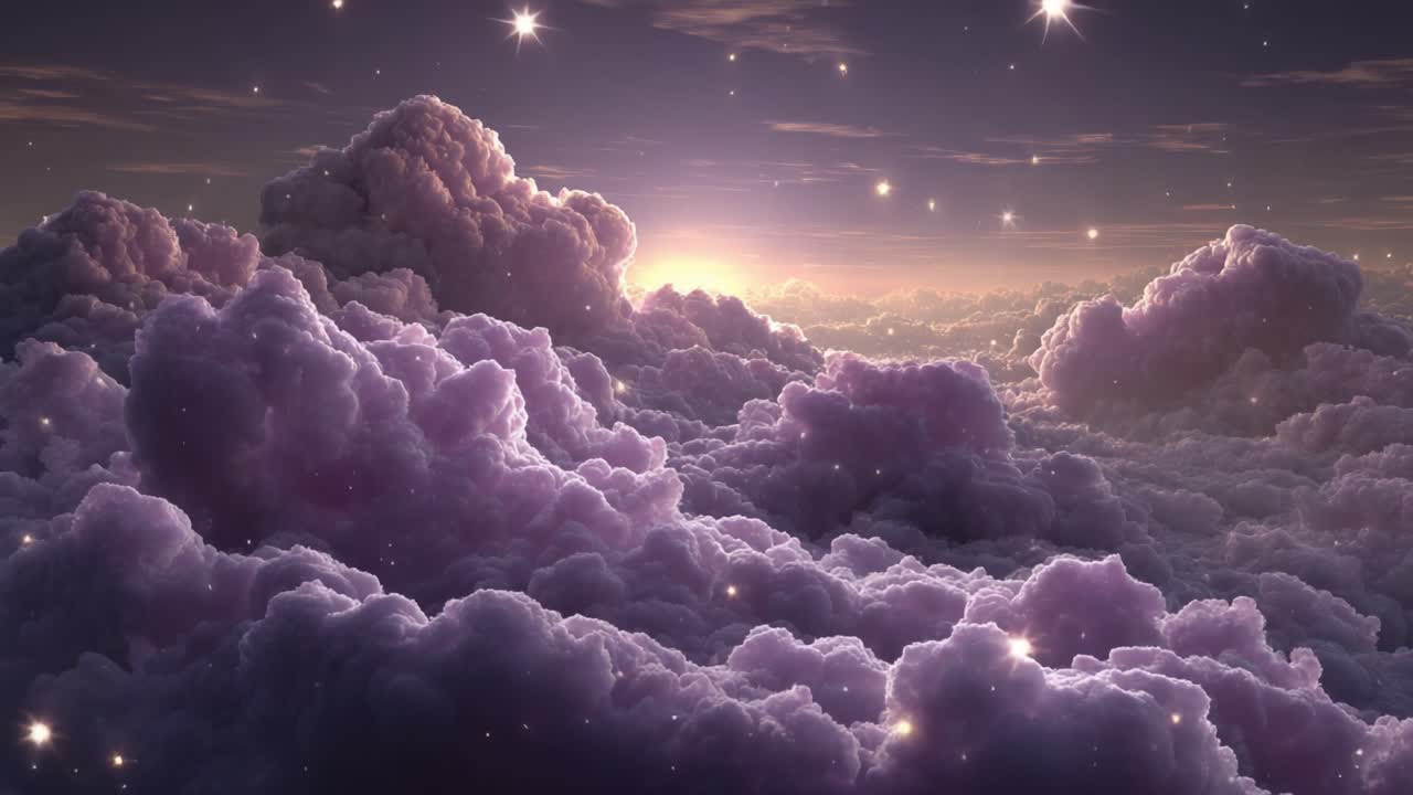 A Mesmerizing View of Dreamlike Clouds Bathed in Ethereal Light and Starry Sparkles at Dawn, Evoking a Sense of Wonder and Serenity in a Mystical Sky