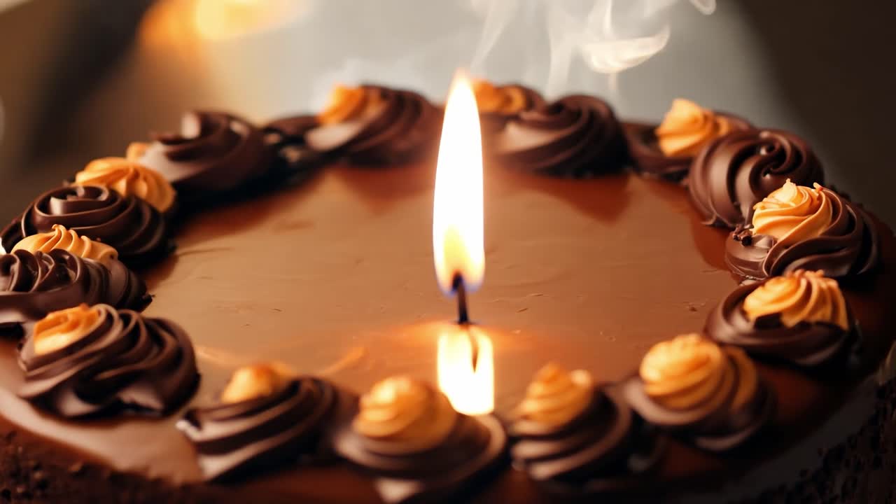 primer plano de un pastel de cumpleaños de chocolate con una sola vela