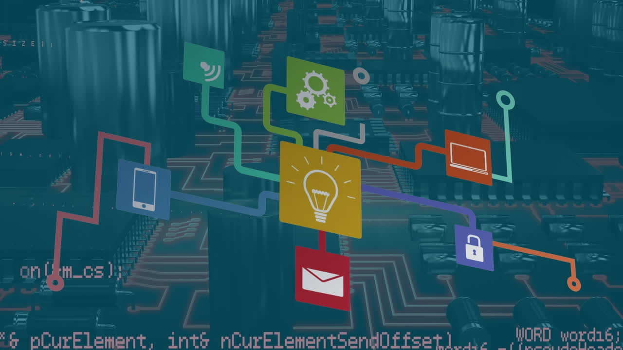 animation von verbindungen und datenverarbeitung über computer-schaltplatte auf blauem hintergrund.