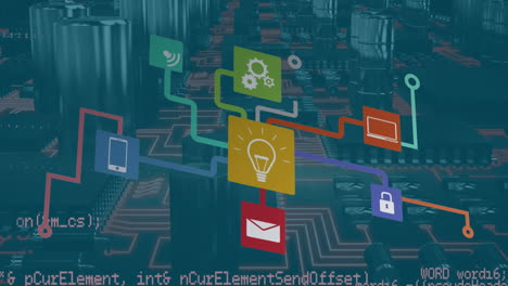 Animation of connections and data processing over computer circuit board on blue background