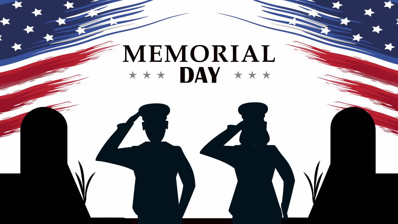 memorial day lettering with officers saludating and flag