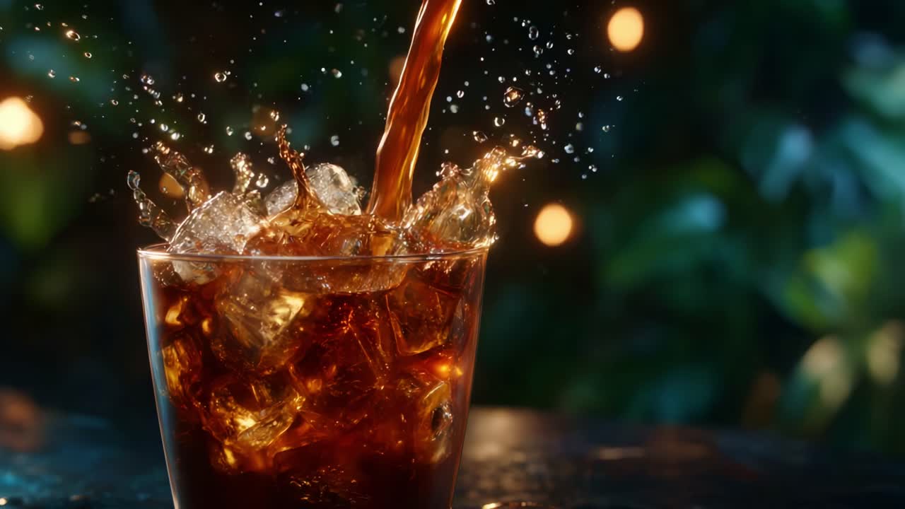 Una bevanda rinfrescante versata in un bicchiere con cubetti di ghiaccio, che cattura il movimento e gli spruzzi in un'atmosfera vivace e accattivante con luci bokeh