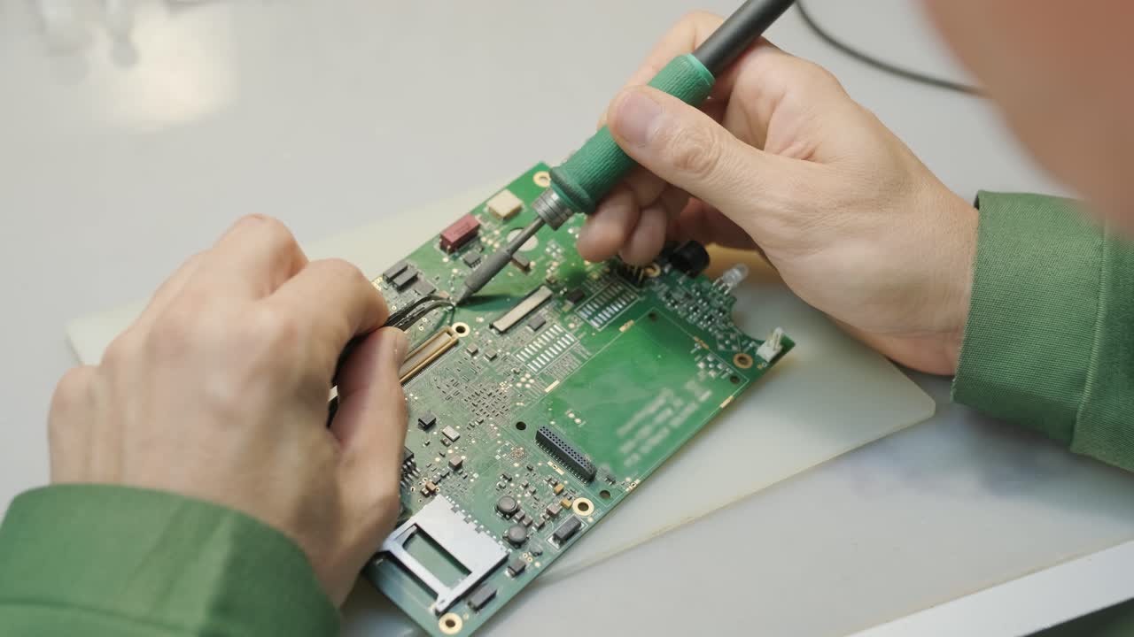 Electronic equipment repair shop. The Engineer Technician solders the printed circuit board of an electronic device under a microscope.