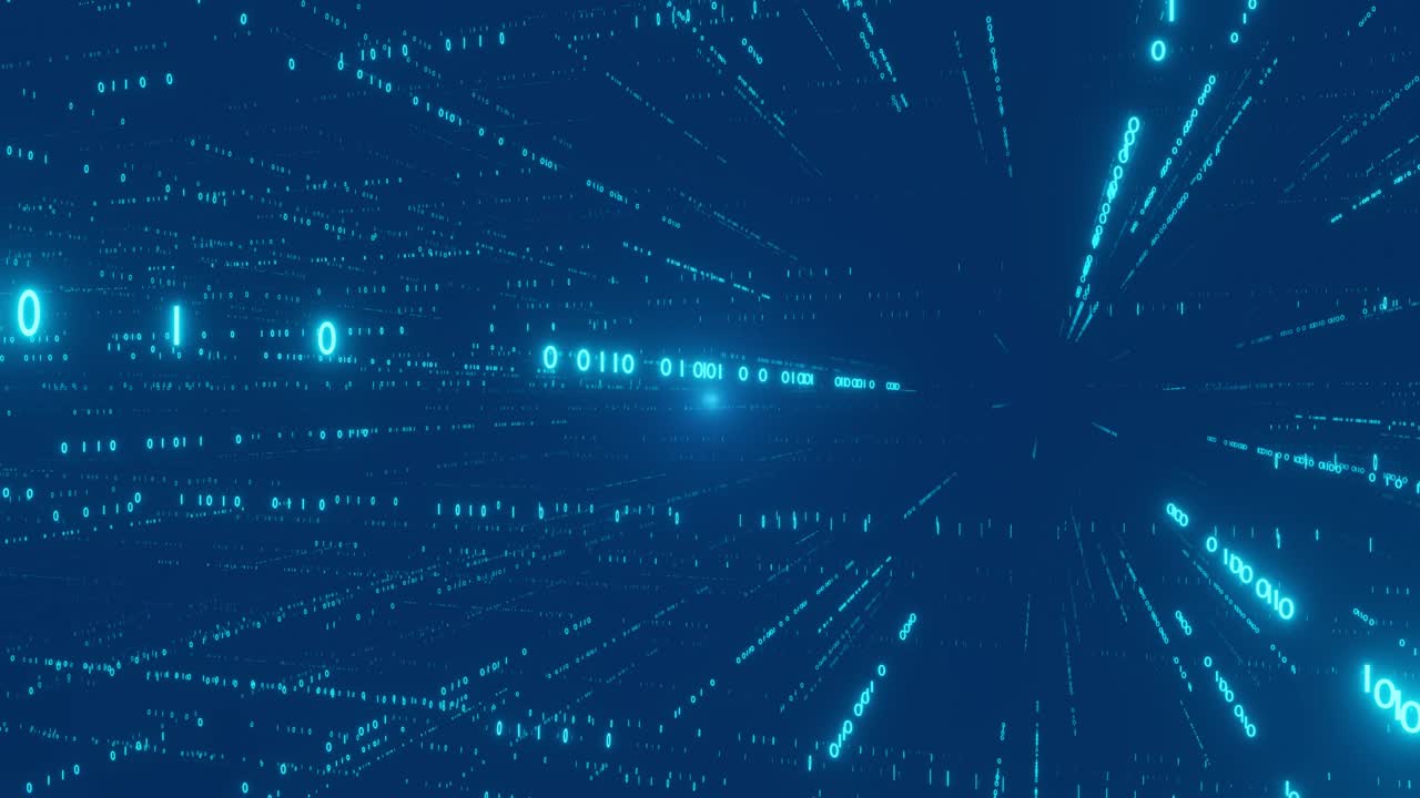 The span of the camera in a bright abstract binary space. Digital fly binary code background loop. Data binary code network. 4K loop animation. Blue version.