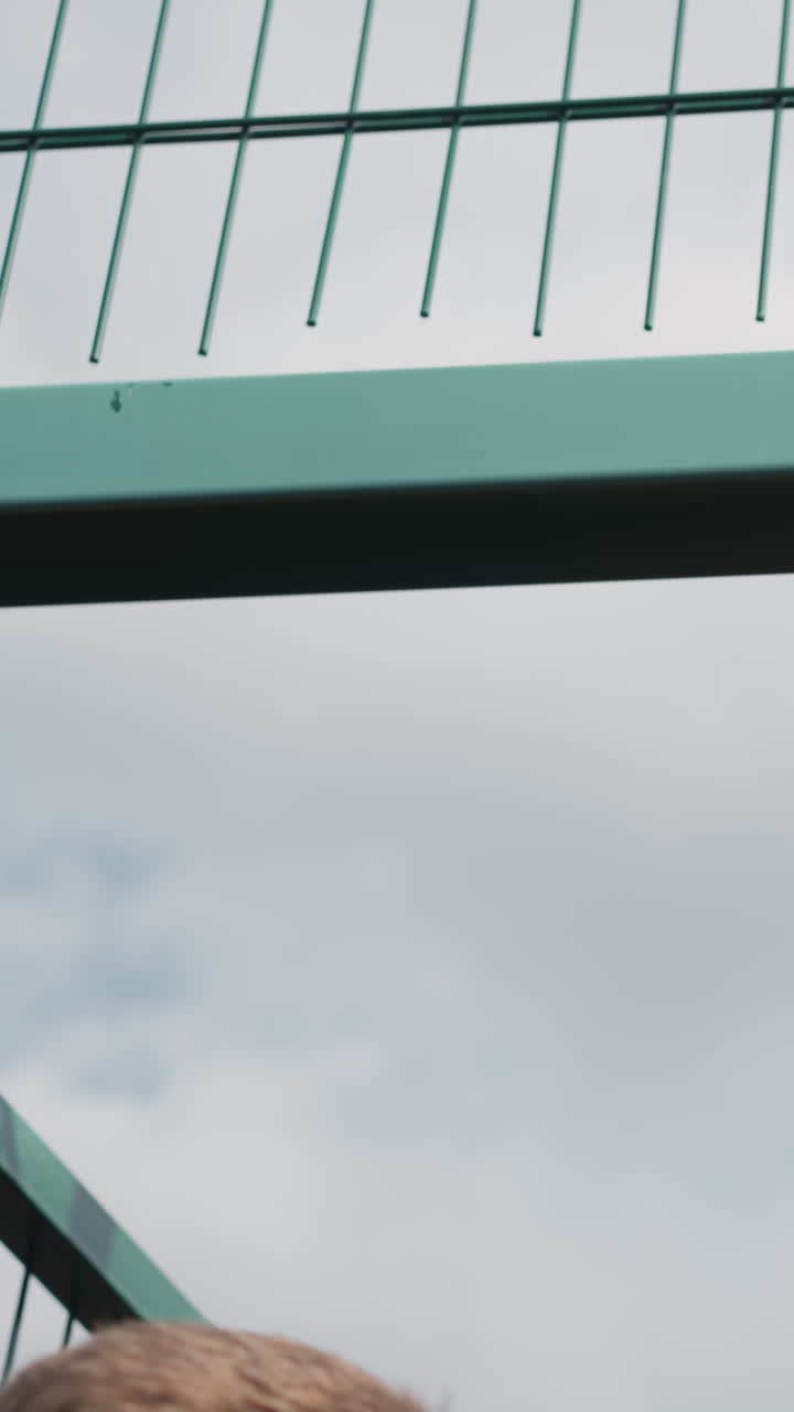 primer plano de la apertura de una puerta de metal verde, detallada con pernos y bisagras, puesta contra un cielo despejado, centrándose en el movimiento y el mecanismo, destacando los deportes al aire libre o la infraestructura urbana