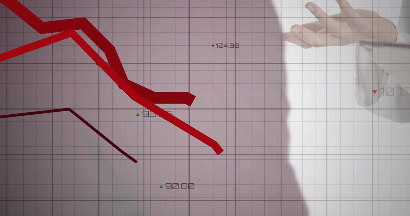 Animation of financial data processing over hand on white background