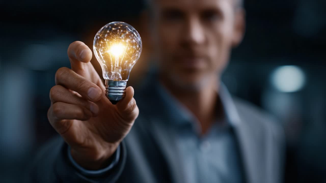 Brilliant Idea: A Close-Up of a Man Holding a Glowing Light Bulb That Symbolizes Innovation and Creativity in a Modern Business Environment
