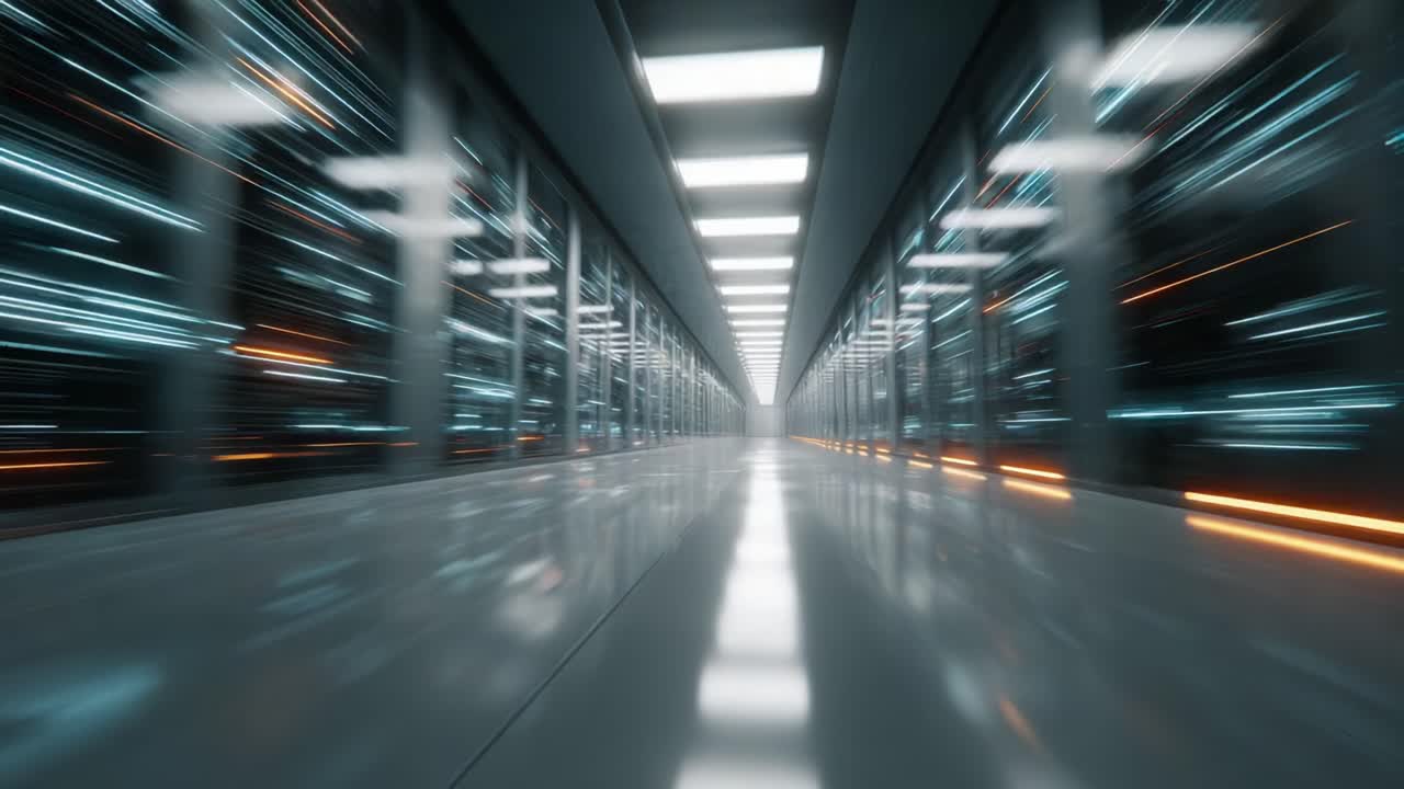 Un corridoio di data center high-tech: esplorare il panorama futuristico dello storage con rack luminosi e navate eleganti in un hub digitale di innovazione