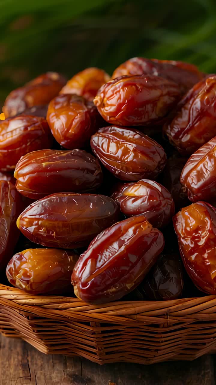 Vertical video: Camera pushing close-up of ripe dates on table, focusing front dates, wicker basket