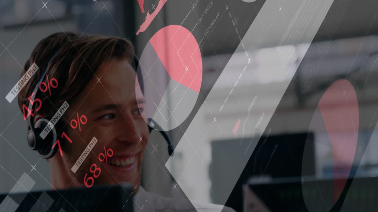 백그라운드에서 작업자를 가진 데이터 처리의 애니메이션