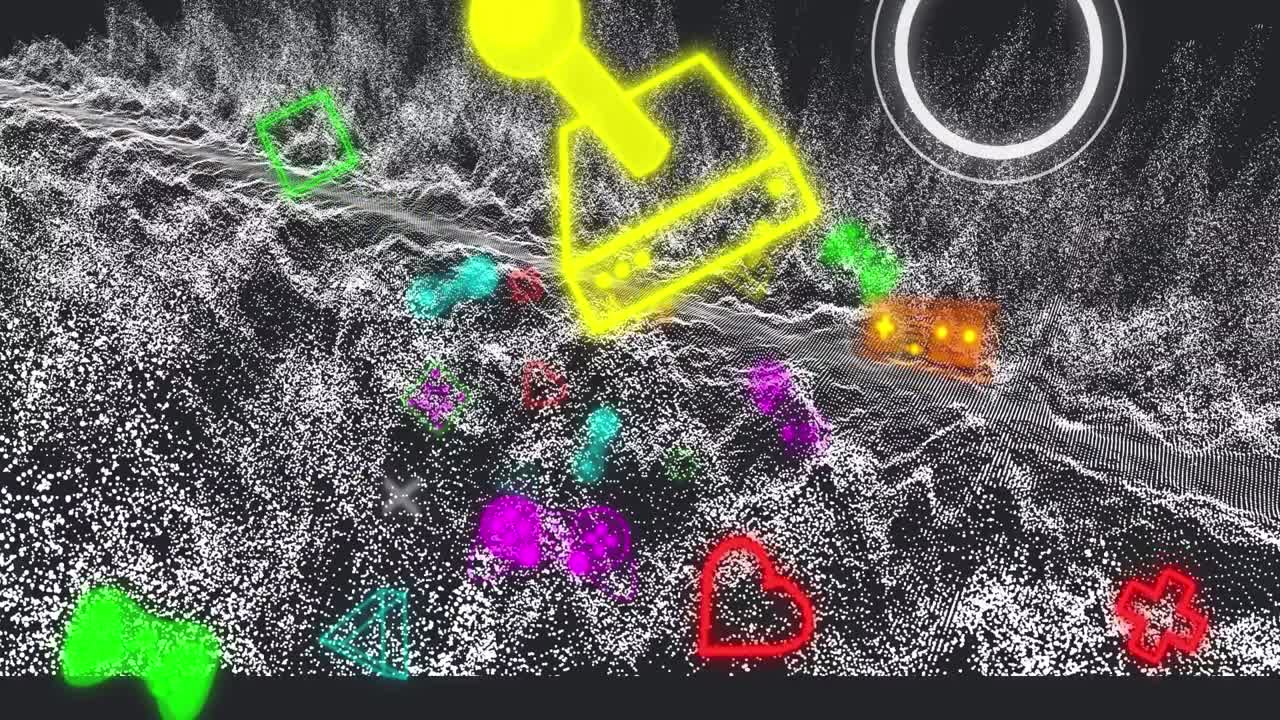 검은색 배경에 색 파도 위에 네온 아이콘의 애니메이션