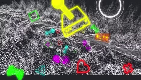animación de iconos de neón sobre ondas blancas sobre fondo negro