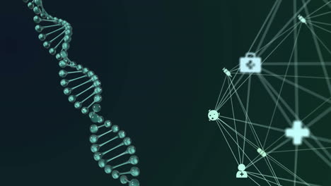 animated medical network with dna and icons on dark background.