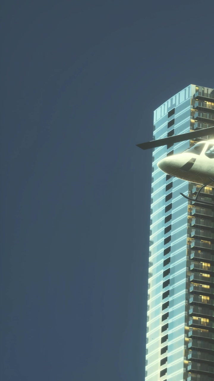 Vista aérea de edifício moderno com helicóptero ao pôr do sol no horizonte da cidade