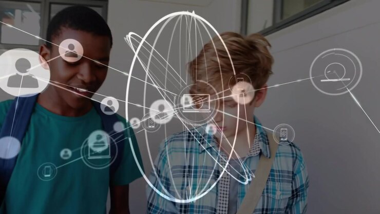 Studenti nel corridoio della scuola con sovrapposizione animata di rete tecnologica