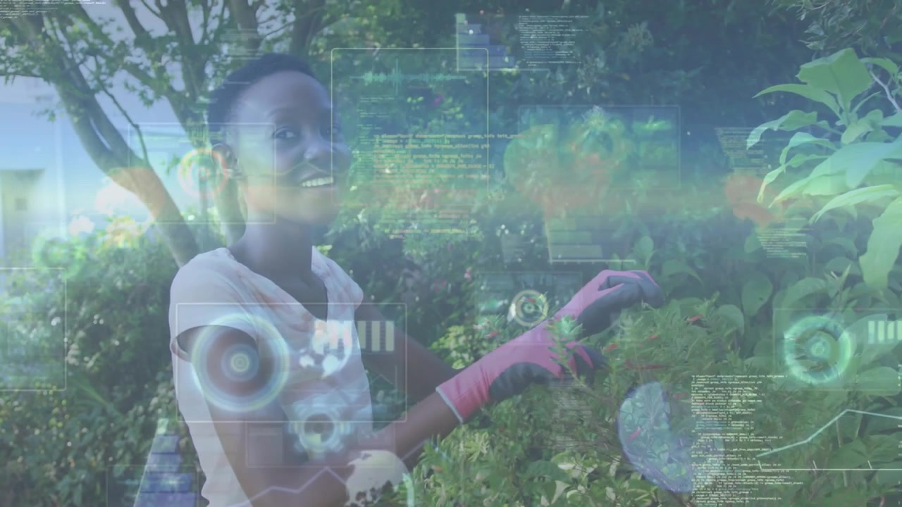 Gardening woman seeing overgrowth, pruning hedge with shears while HUD overlays growing around her