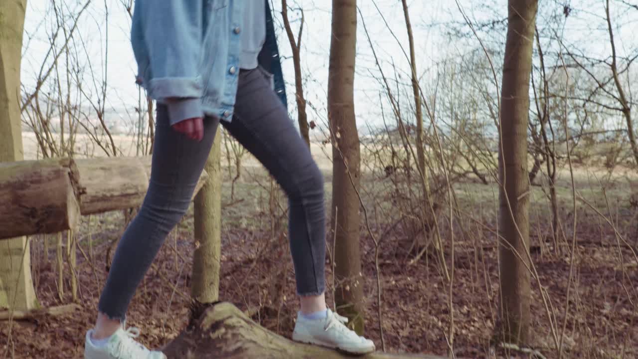 Girl balancing on a fallen Tree in a Forrest