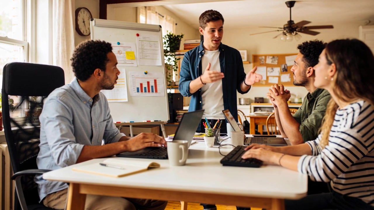 Gesturing presenter moving forward in office meeting after left colleague speaking, flip chart