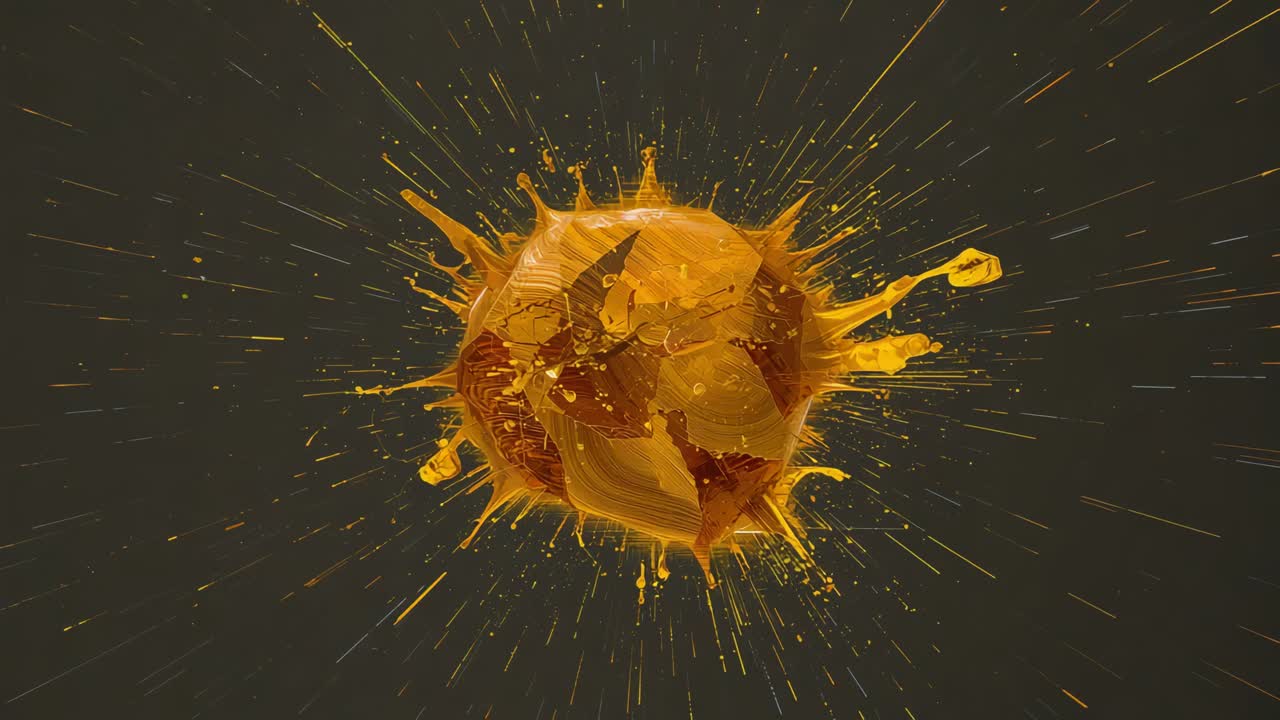 Starting with impact orange liquid sphere expanding outward in studio, forming glossy filaments