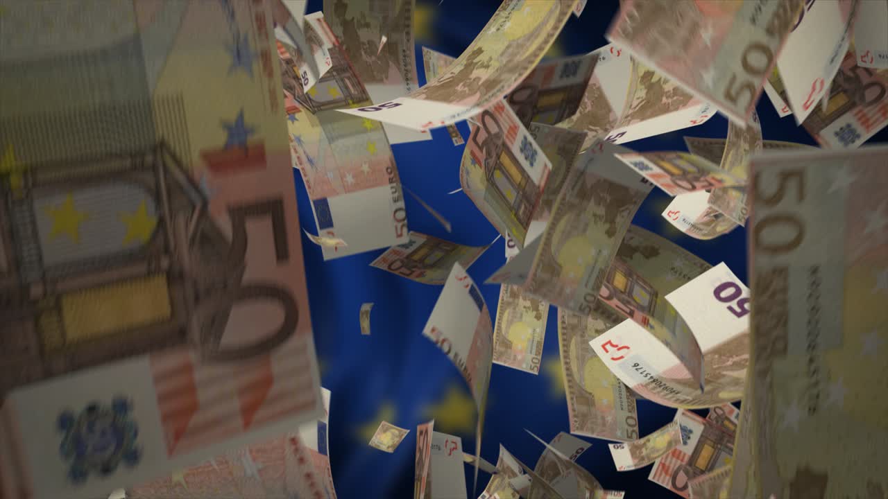 Euro 50 banknotes falling against the EU flag