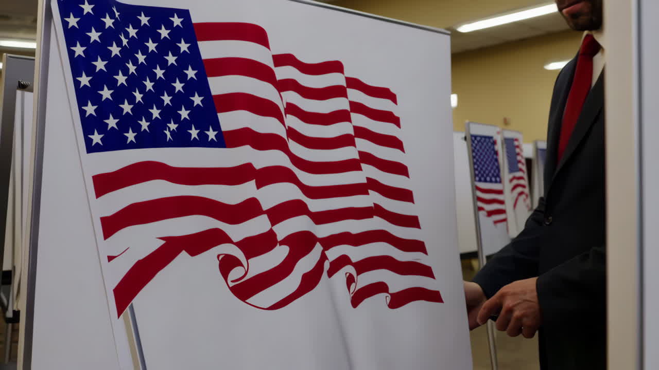 Man interacting with an American flag display at an indoor event