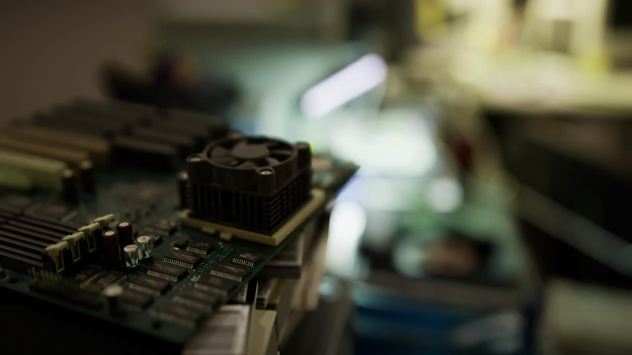 Close up of a computer motherboard showcasing intricate electronic components