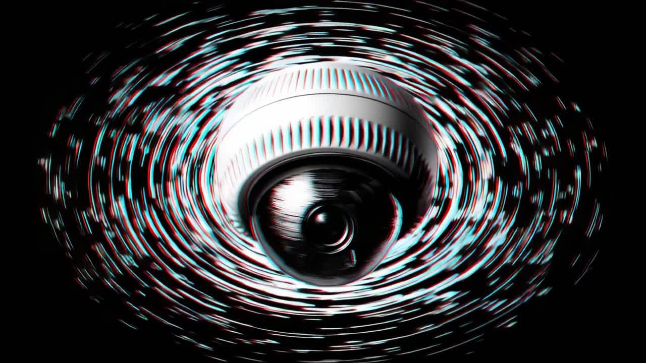 En kunstnerisk fremstilling af et overvågningskamera, der drejer rundt i en hvirvel af digital forvrængning og indfanger essensen af moderne sikkerhedsteknologi
