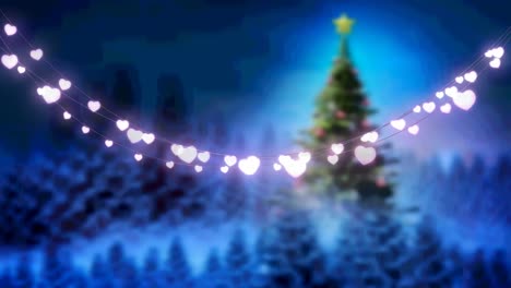 animación de luces de hadas brillantes sobre el árbol de navidad y el paisaje de invierno