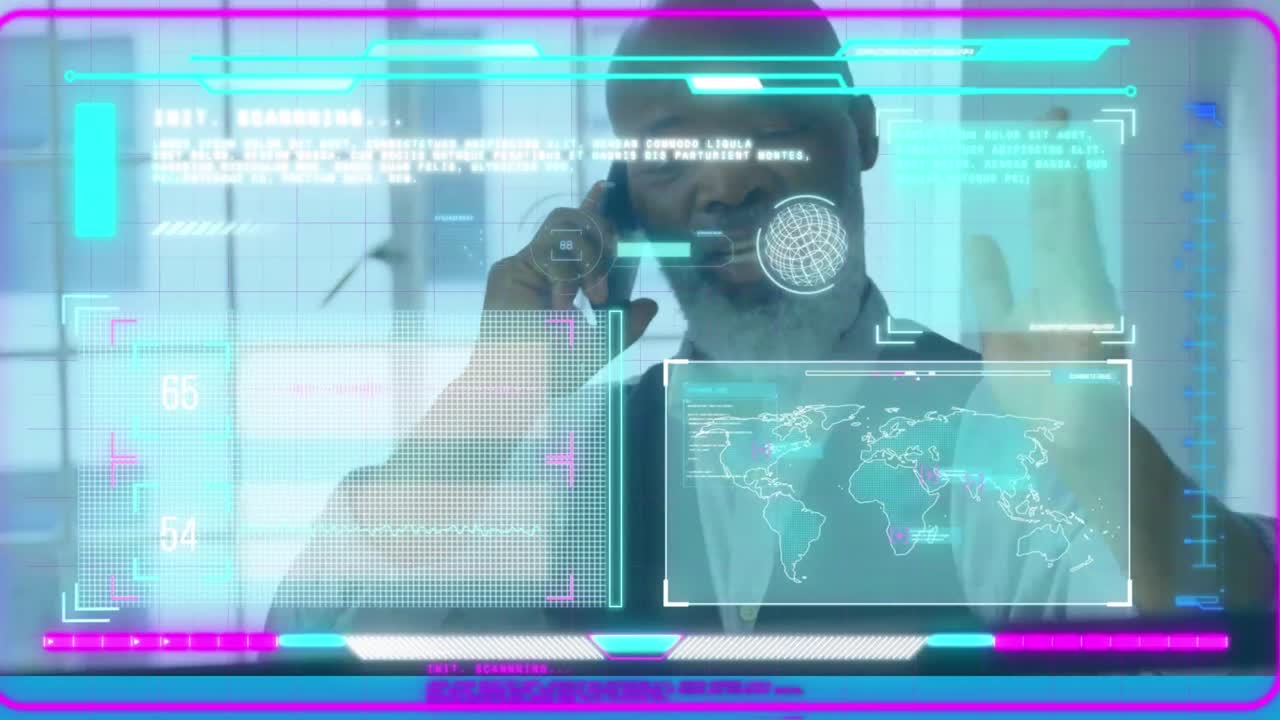 Animation of data processing against african american businessman talking on smartphone at office