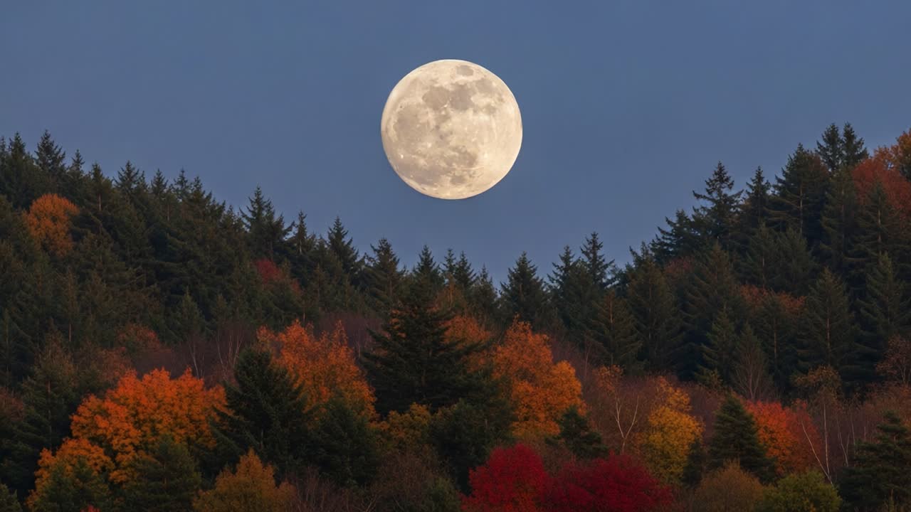 A Majestic Full Moon Illuminates a Vibrant Autumn Forest with Rich Hues of Red, Orange, and Yellow Against a Clear Evening Sky