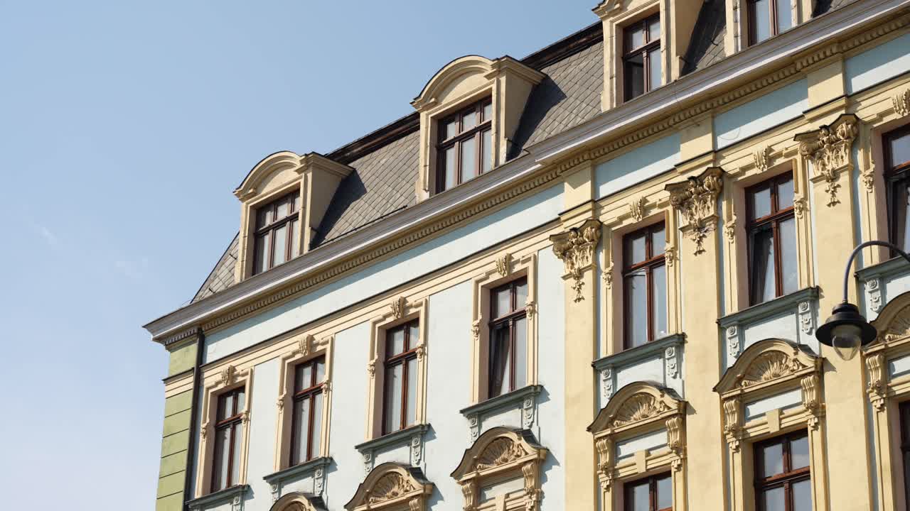 Ornate Historic Facade of Colorful Townhouse in Wroclaw, Poland