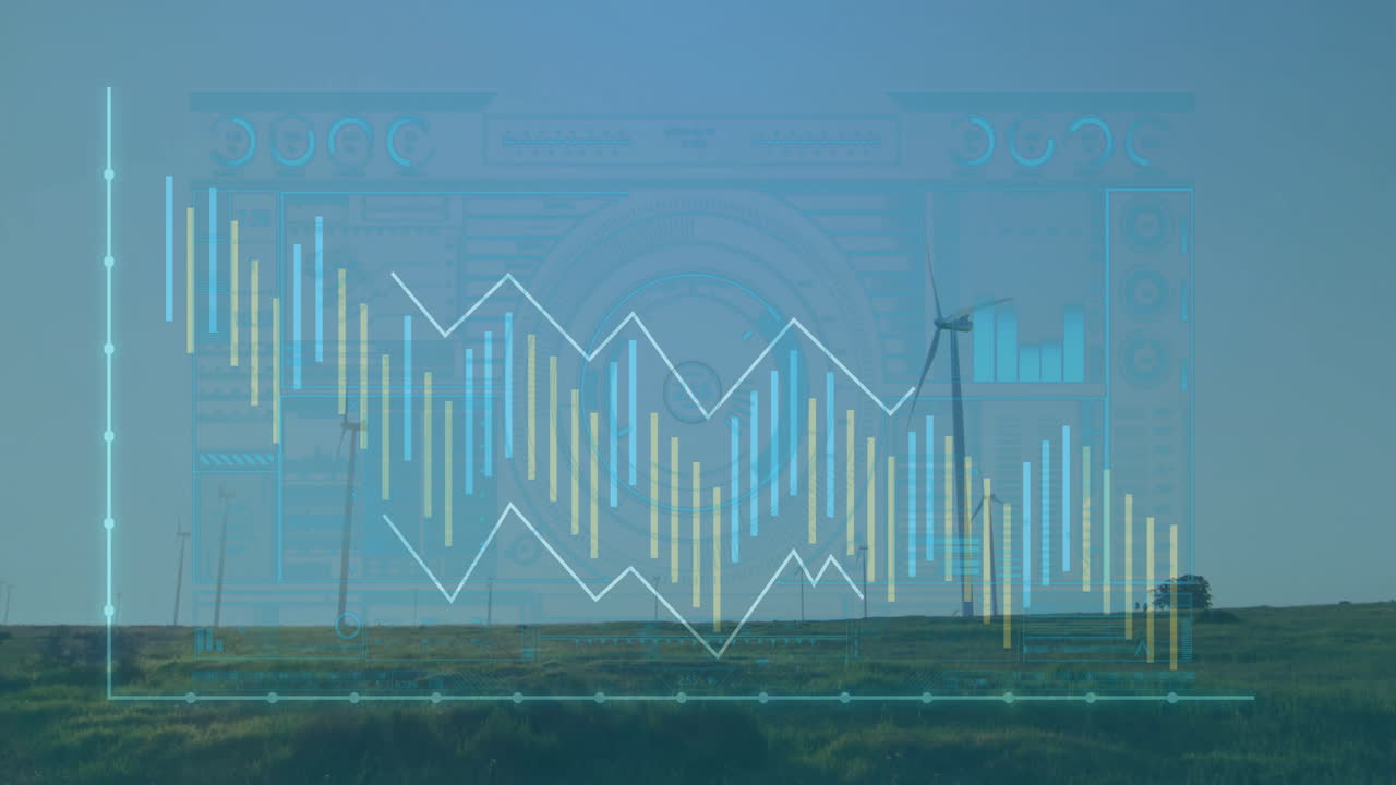 Wind turbines turning in field with animated data graph overlay in foreground