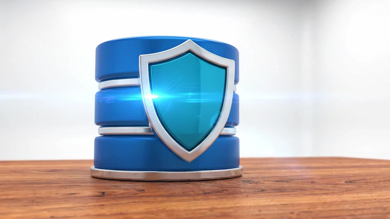 Stylized Data Shield Icon on Blue Database Cylinder, Representing Cybersecurity and Data Protection in a Modern Digital Environment.