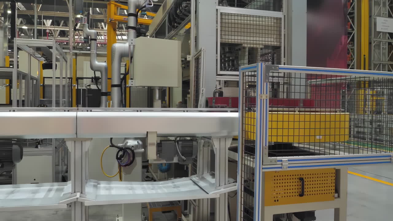 Industrial workshop technology concept, robotic automation automotive vehicle factory engines heavy duty truck car engines move down an assembly line, showcasing industrial production and machinery.