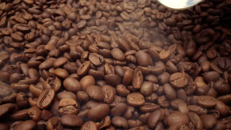 close up of seeds of coffee. fragrant coffee beans are roasted smoke comes from coffee beans.