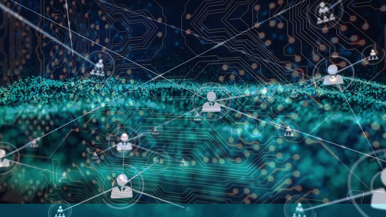 Animation of network of connections, spots and computer circuit board over black background