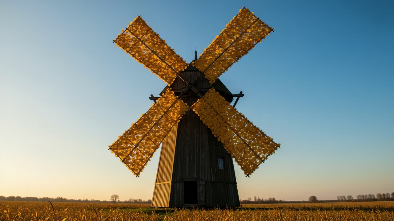A Majestic Windmill Standing Tall Against a Clear Sky, Showcasing Its Unique Yellow Blades and Surrounding Fields at Dusk, Emphasizing the Beauty of Rural Landscapes