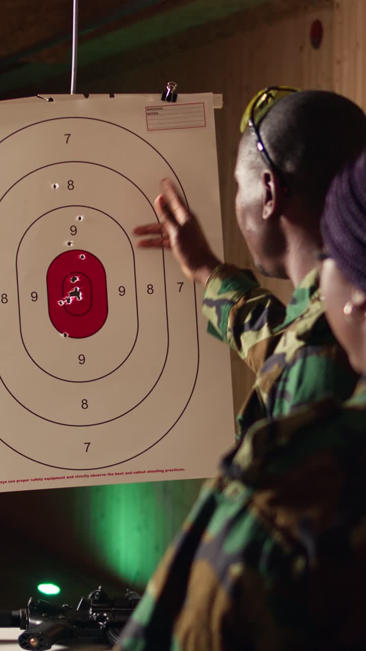 Vertical video Military officer instructing soldiers on how to hit bullseye in firing range