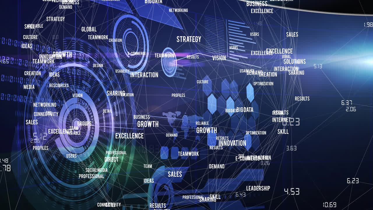백그라운드에서 데이터 처리를 통해 디지털 단어와 연결 네트워크의 애니메이션