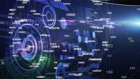 animation of network of connections with digital words over data processing in background