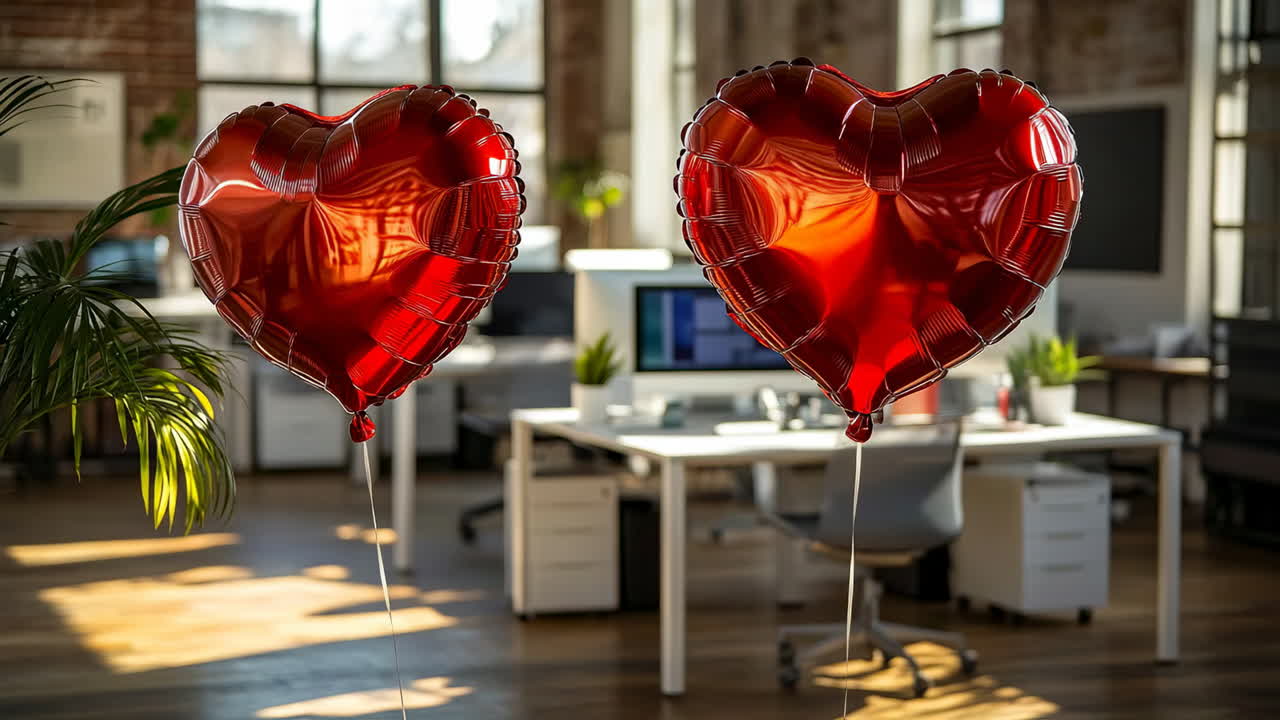 Heart balloons adorn a office. Red heart-shaped balloons brighten a modern office space filled with sunlight and plants, creating a festive atmosphere