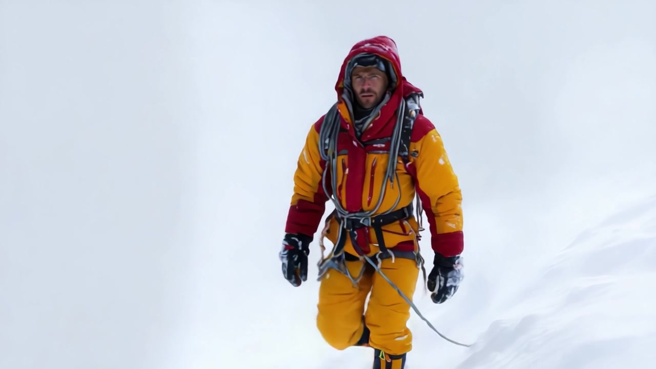 Un alpinista determinato affronta condizioni difficili su una montagna innevata, mostrando resilienza e coraggio contro gli elementi nel tentativo di raggiungere la vetta.
